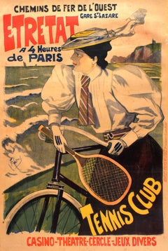 Affiche d'origine ancienne Chemins De Fer De L'Ouest Paris Etretat Railway - Tennis