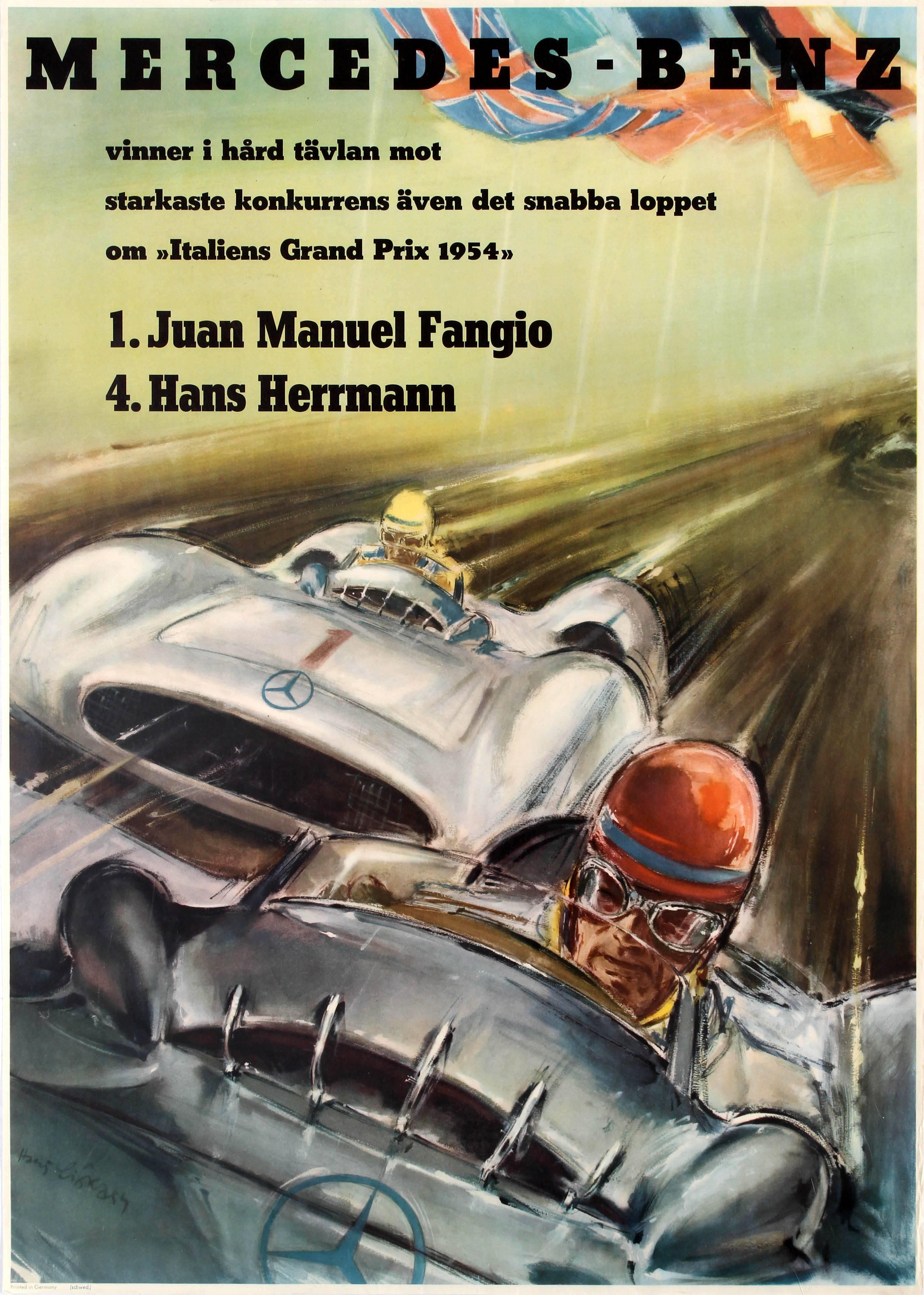 Hans Liska Print - Original Italian Grand Prix Mercedes Benz Victory Poster By Fangio And Herrmann