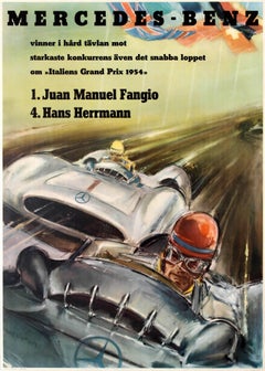 Original Italian Grand Prix Mercedes Benz Victory Poster By Fangio And Herrmann