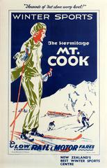 Rare Original Vintage Winter Sport Poster For The Hermitage Mt. Cook New Zealand