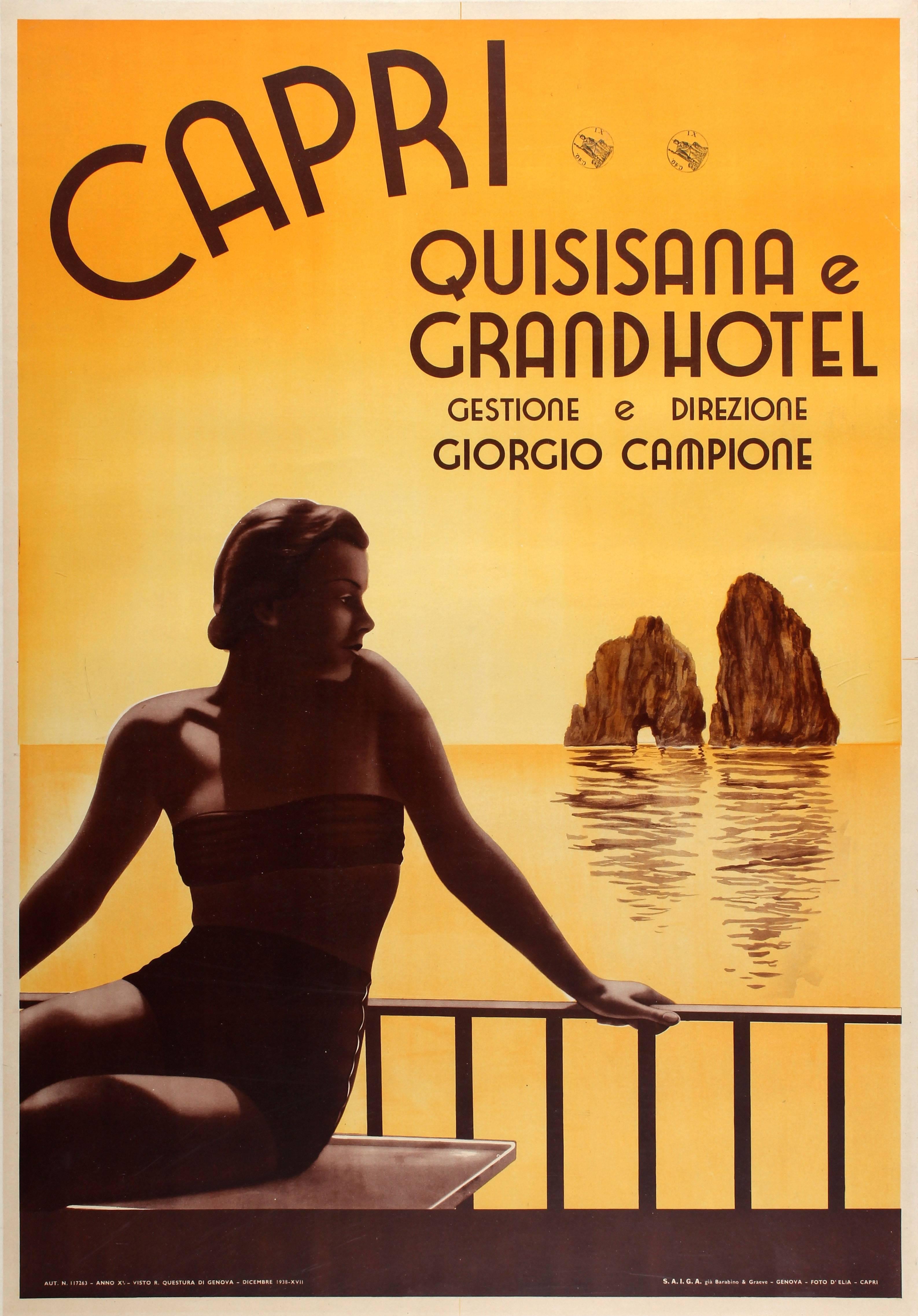 Unknown Print - Original Vintage Travel Poster Advertising The Grand Hotel Quisisana Capri Italy