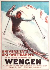 Original Antique Sport Event Poster For The University Ski Competition In Wengen