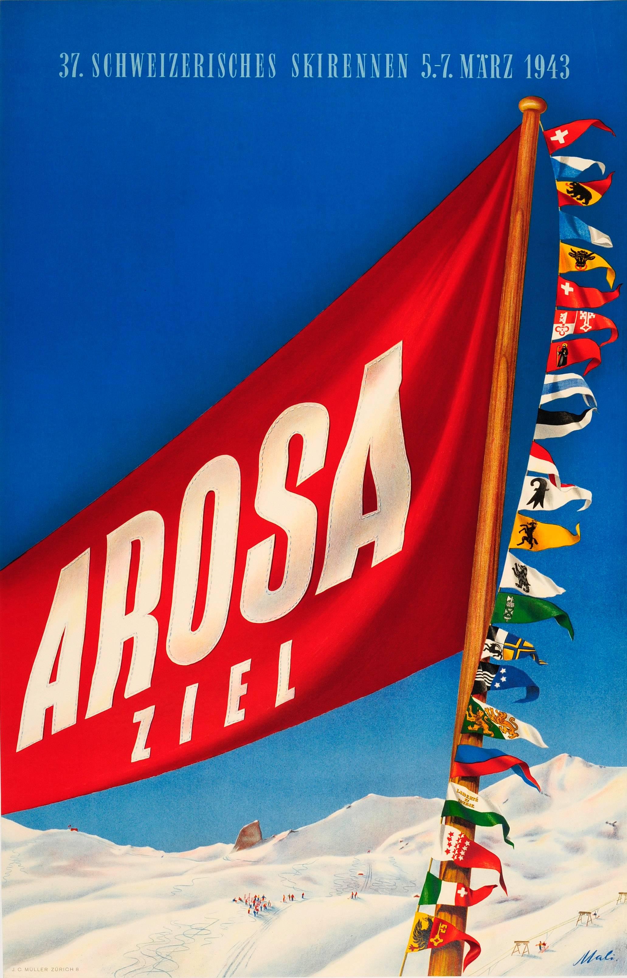 Original-Vintage-Ski-Veranstaltungsplakat für das 37 Schweizerische Skirennen Arosa