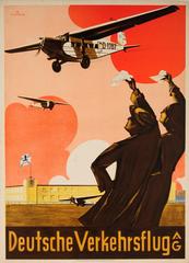 Original Vintage German Travel Advertising Poster For Deutsche Verkehrsflug AG