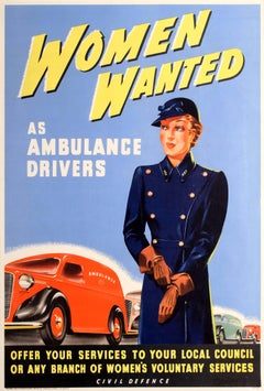 Original World War Two Civil Defence Poster - Women Wanted As Ambulance Drivers