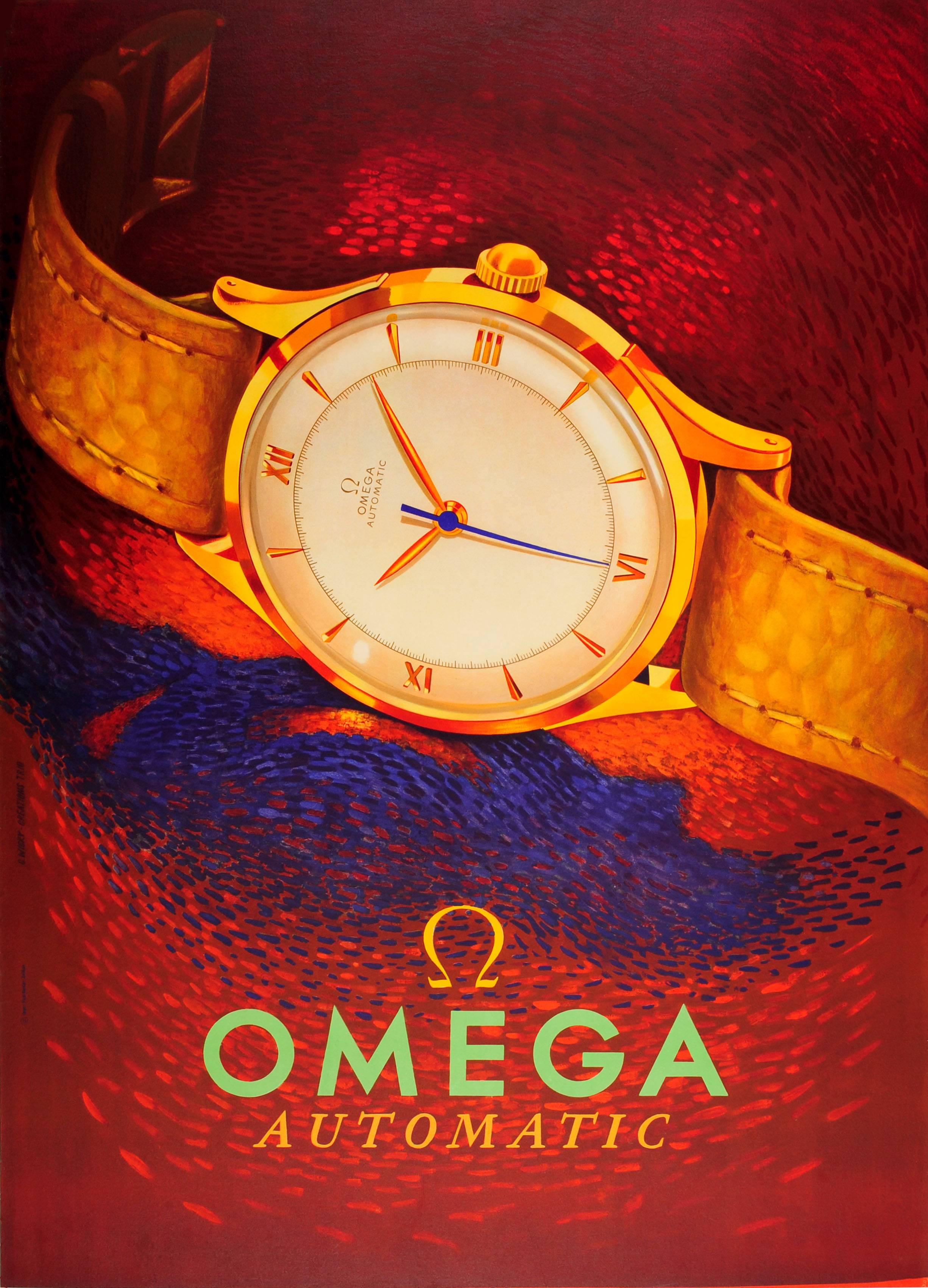 Georges Wicky Print - Original Vintage Swiss Watch Advertising Poster For Omega Automatic Watches