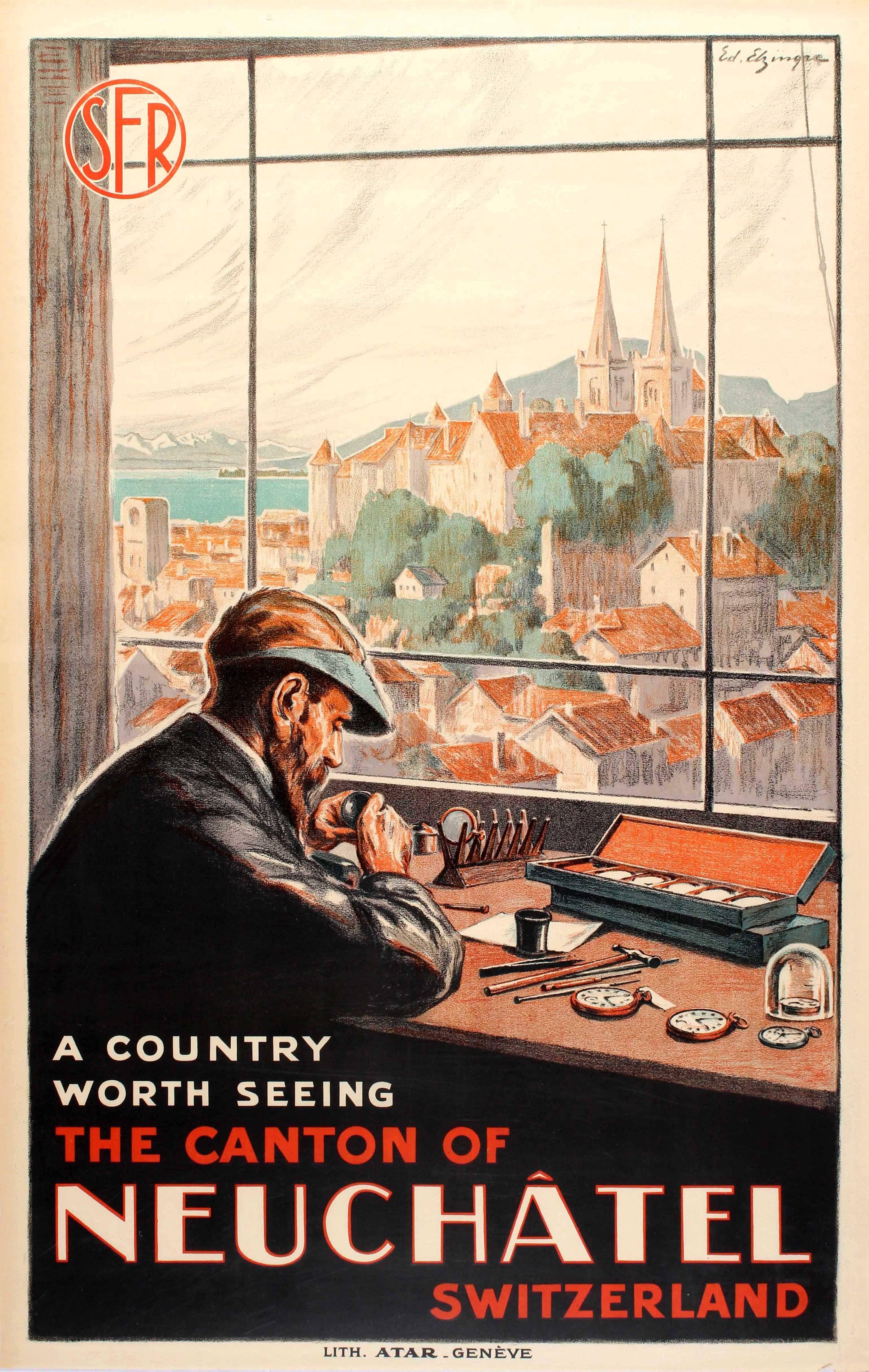 Edouard Elzingre Print - Original Vintage SFR Swiss Railway Poster For Neuchatel Featuring A Watch Maker