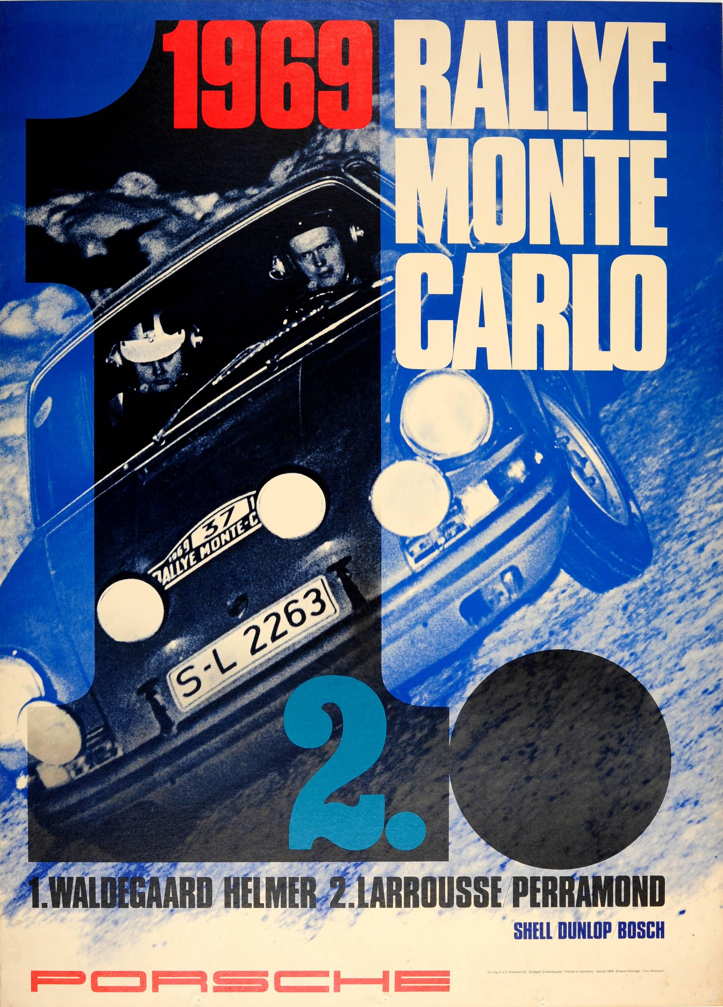 Julius Weitmann Print - Original Porsche 911S Car Poster For Their Victory At The 1969 Monte Carlo Rally