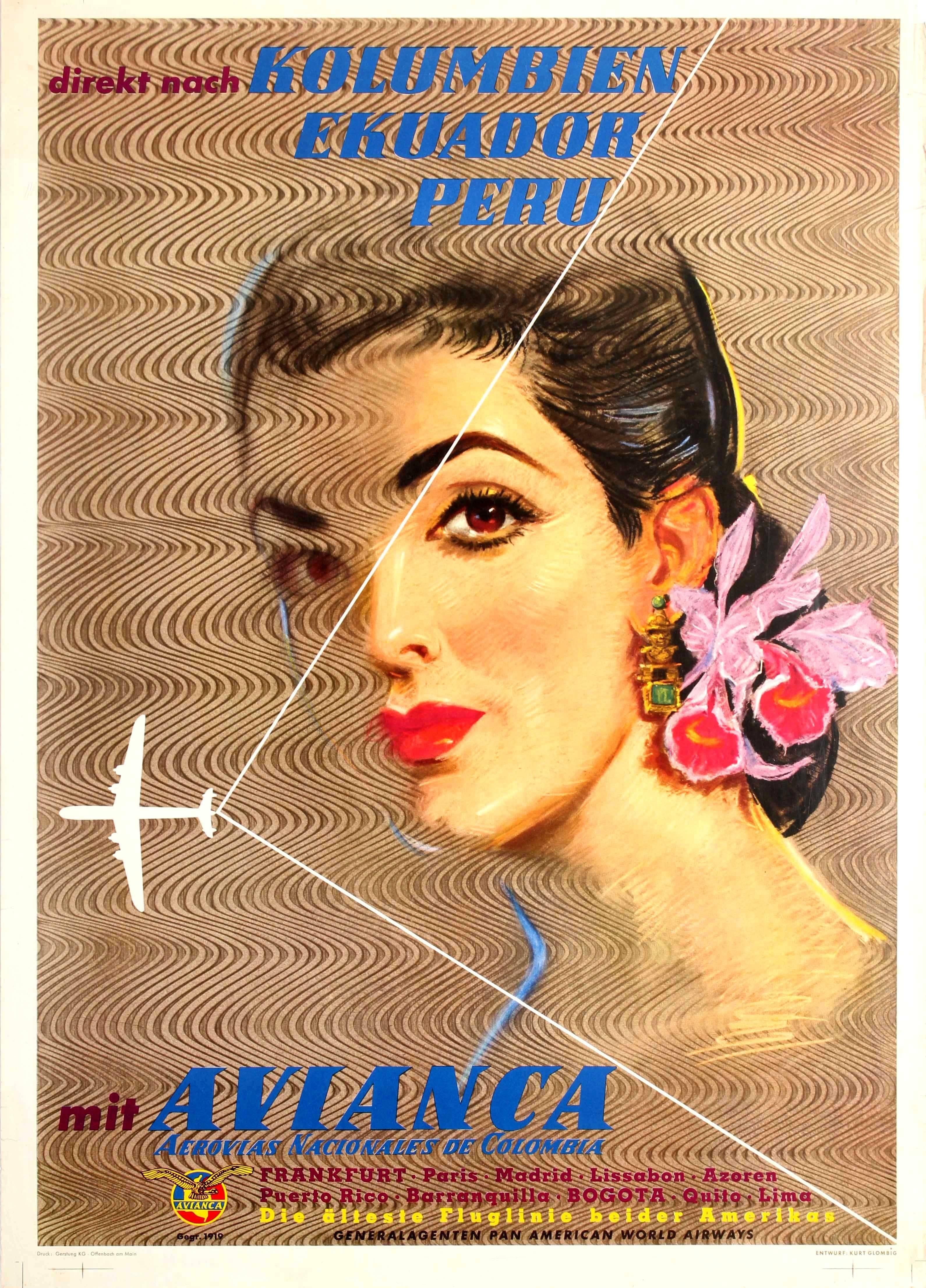 Kurt Glombig Print - Original Vintage Airline Poster For Colombia Ecuador Peru By Avianca And Pan Am