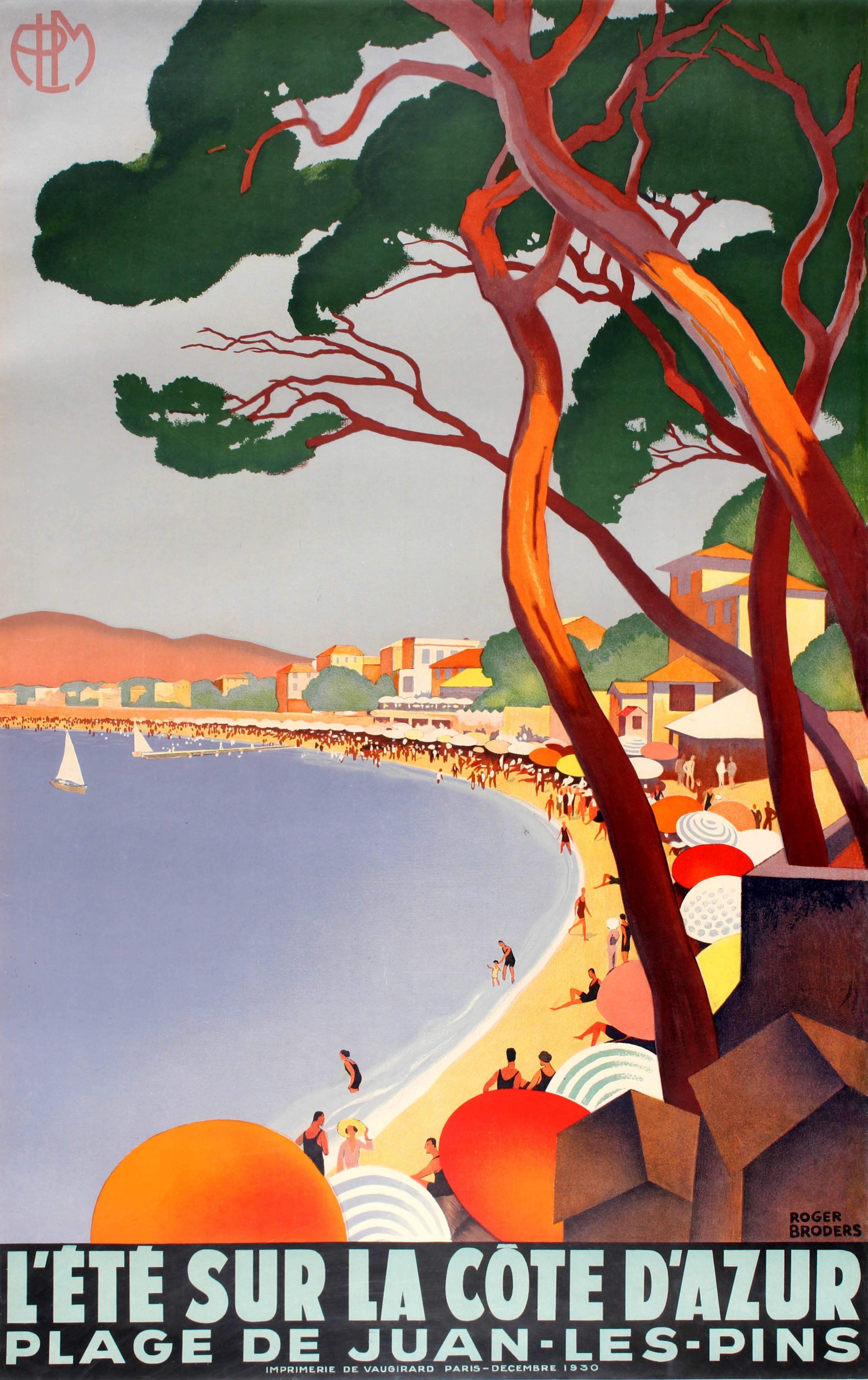 Roger Broders Print - Original Art Deco PLM Railway Poster For Summer On The Cote d'Azur Juan-Les-Pins