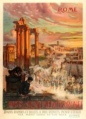 Original Antique Paris Lyon Mediterranee PLM Railway Travel Poster - Rome Italy