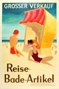 Antique Original Art Deco Poster For A Big Sale Of Holiday Travel & Swimming Accessories