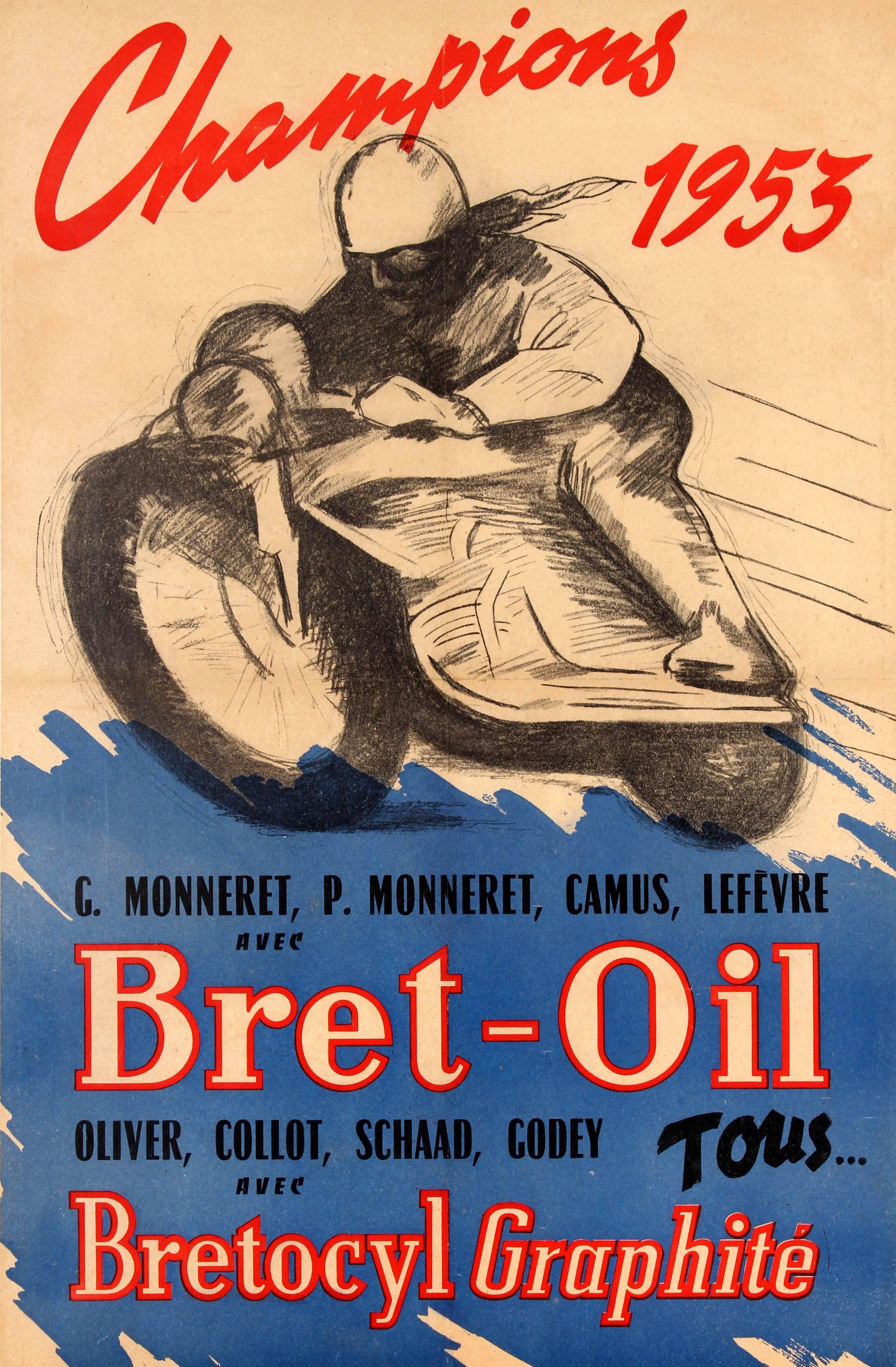 Unknown Print - Original Vintage Bret Oil Motor Racing Sport Poster - Motorcycle Champions 1953
