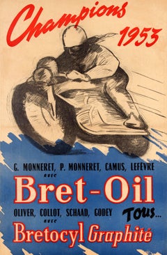 Original Vintage Bret Oil Motor Racing Sport Poster - Motorcycle Champions 1953