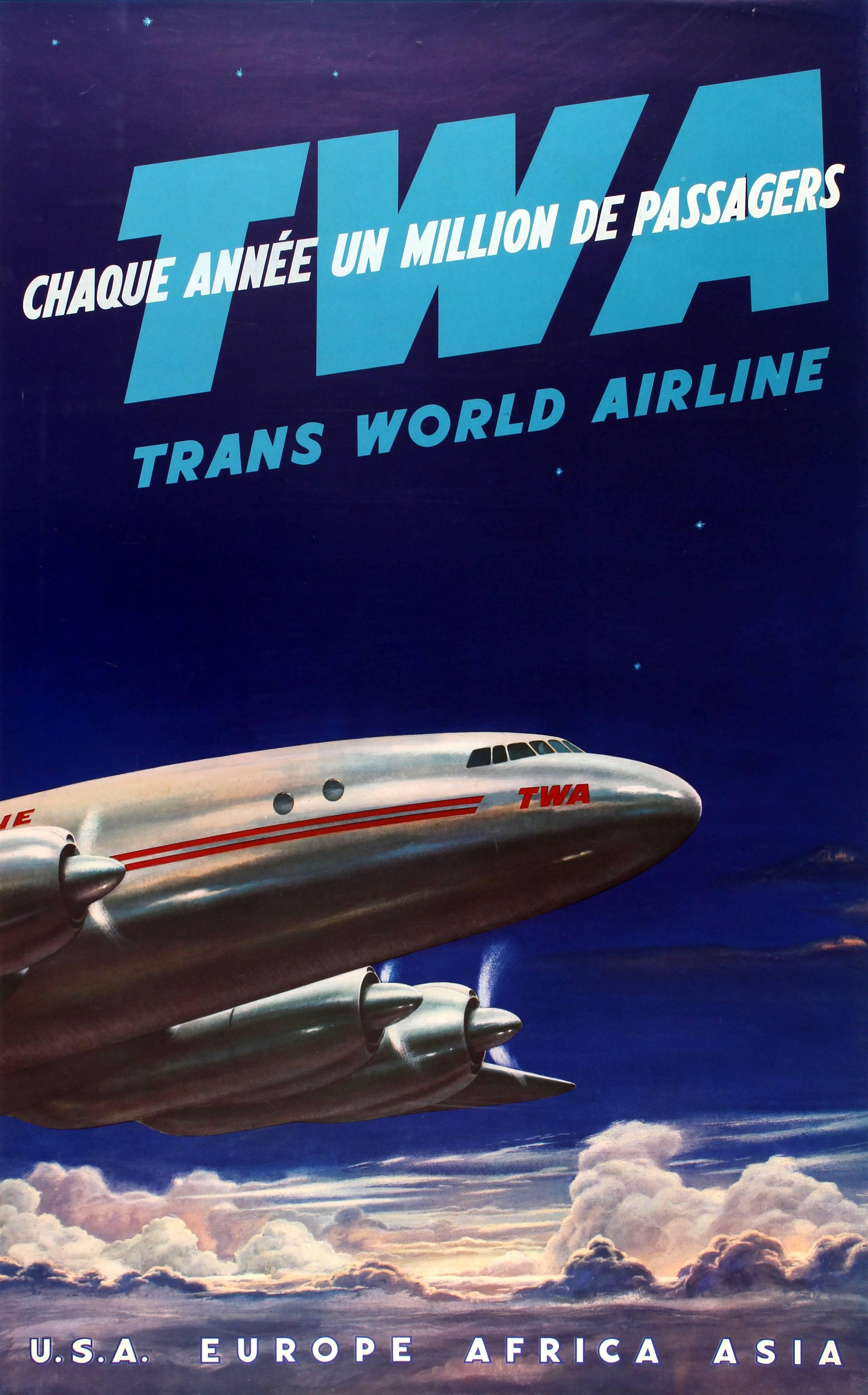 Unknown Print - Original Vintage TWA Trans World Airline Travel Poster - USA Europe Africa Asia