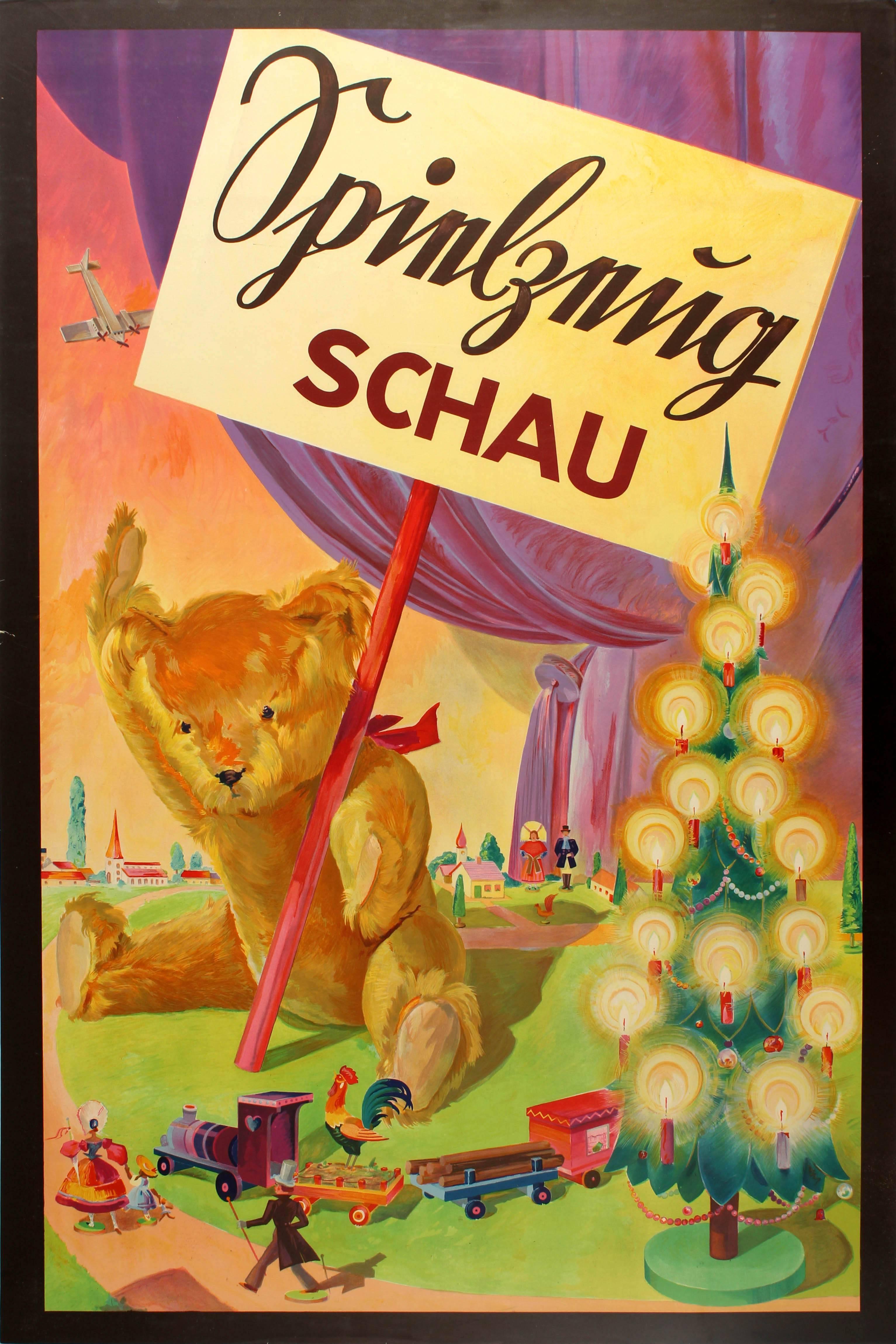 Unknown Print - Original Vintage Children's Toy Exhibition Poster Featuring a Teddy Bear & Train