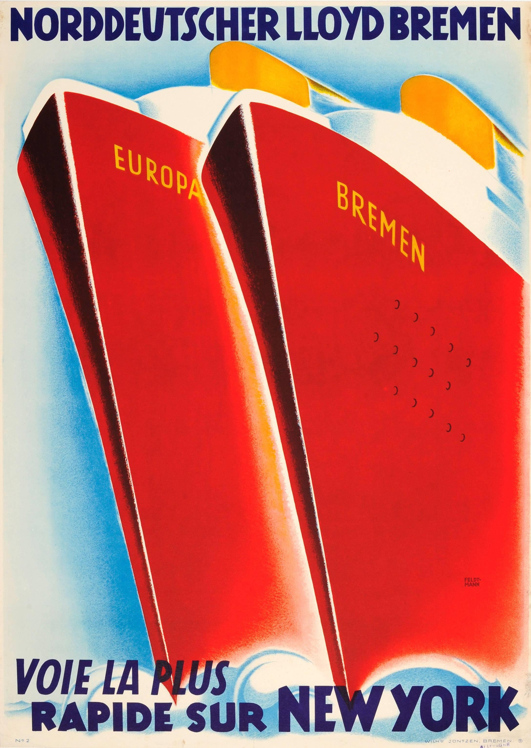 Hugo Feldtmann Print - Original Art Deco Cruise Ship Travel Poster - Fastest Ocean Liners to New York