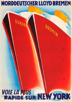 Original Art Deco Cruise Ship Travel Poster - Fastest Ocean Liners to New York