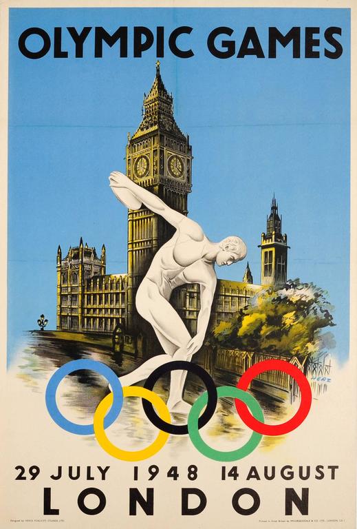Walter Herz Print - Original 1948 London Olympic Games Sport Poster Featuring Discobolus Of Myron