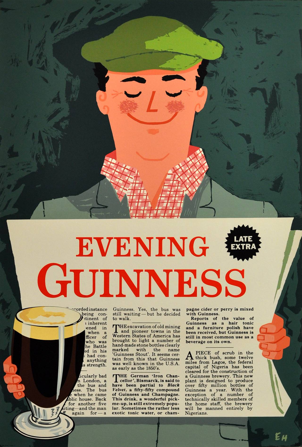 Unknown Print – Original Vintage Guinness Stout Werbeplakat - Abend Guinness Zeitung