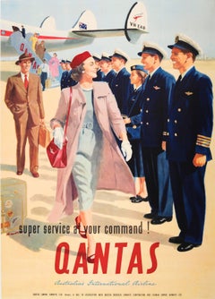 Original Retro Australian Airline Travel Poster For Qantas - At Your Command!