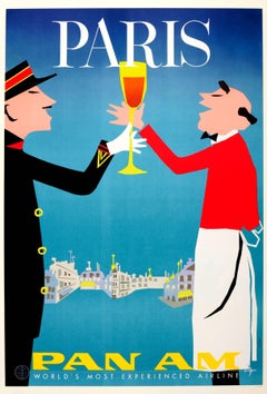 Original Retro Pan American World Airways Travel Poster - Pan Am Paris France