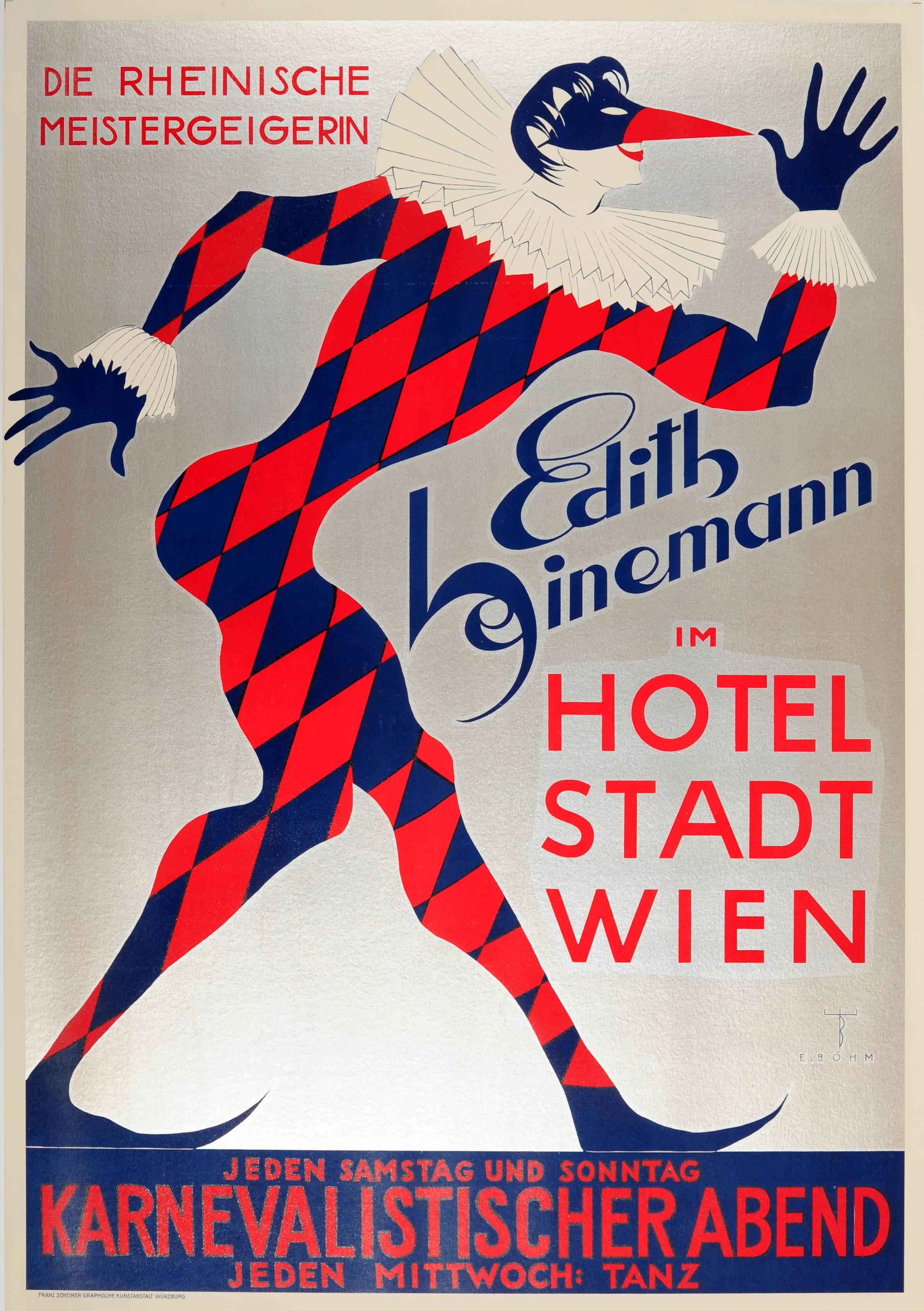 Eduard Boehm Print - Original Art Deco Vienna Carnival Poster For Edith Heinemann At Hotel Stadt Wien