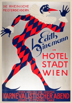 Vintage Original Art Deco Vienna Carnival Poster For Edith Heinemann At Hotel Stadt Wien