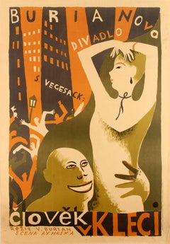 Original Antique Modernist Design Theatre Poster Clovek V Kleci / Man In A Cage