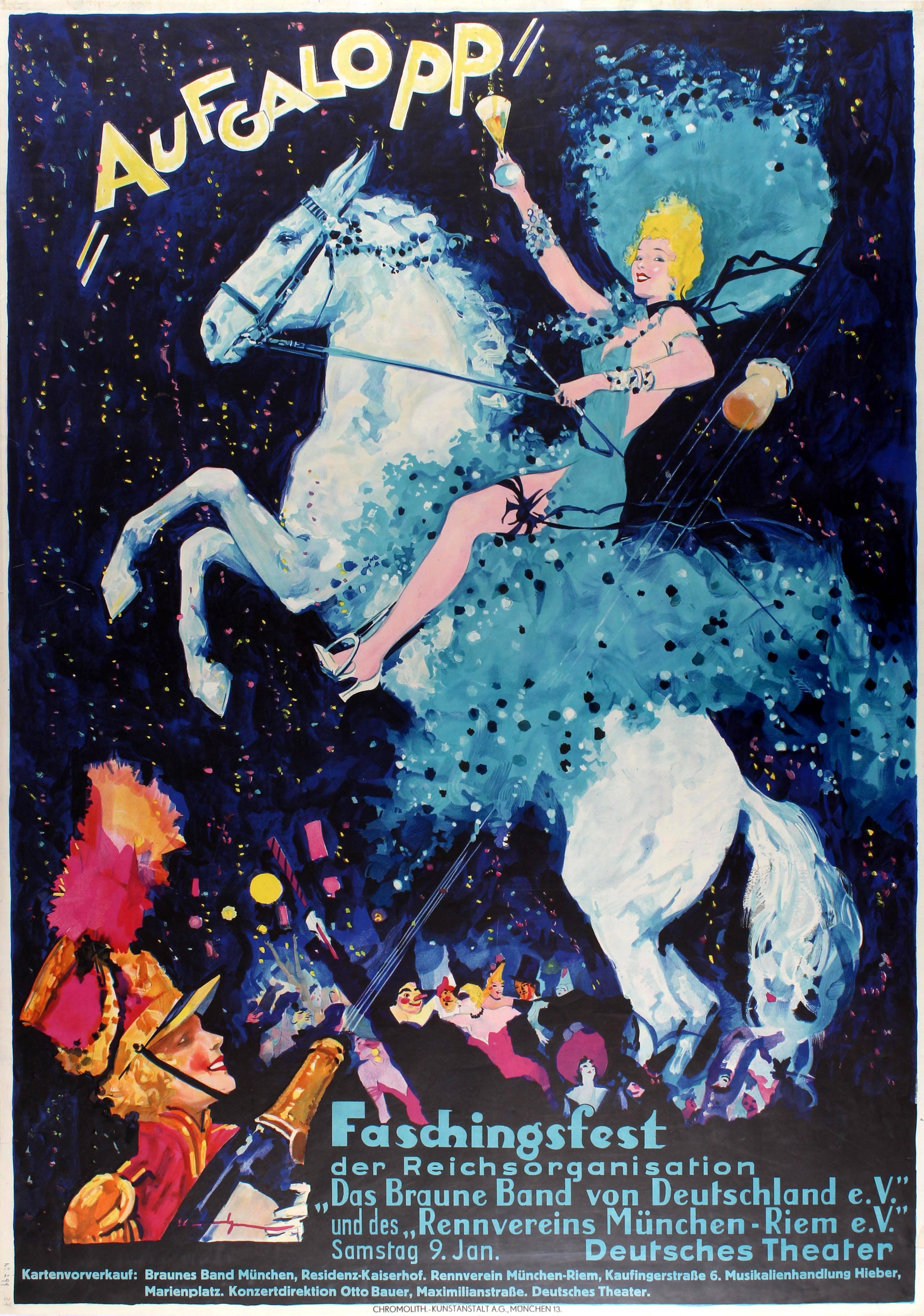 Ludwig Lutz Ehrenberger Print - Large Original Vintage Poster For The Aufgalopp Faschingsfest Carnival In Munich