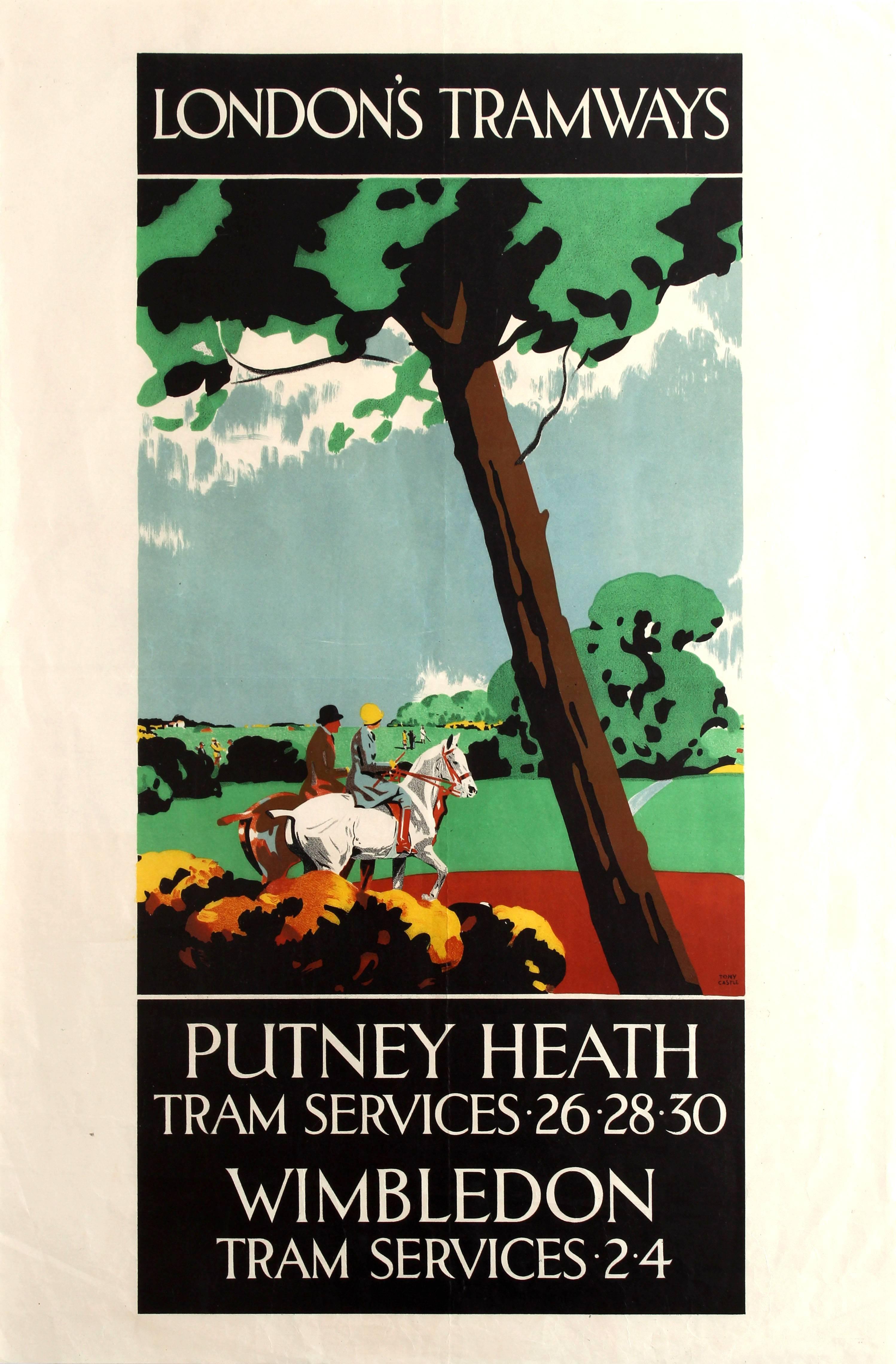 Tony Castle Print – Original Vintage Art Deco London Tramways Poster für Putney Heath und Wimbledon