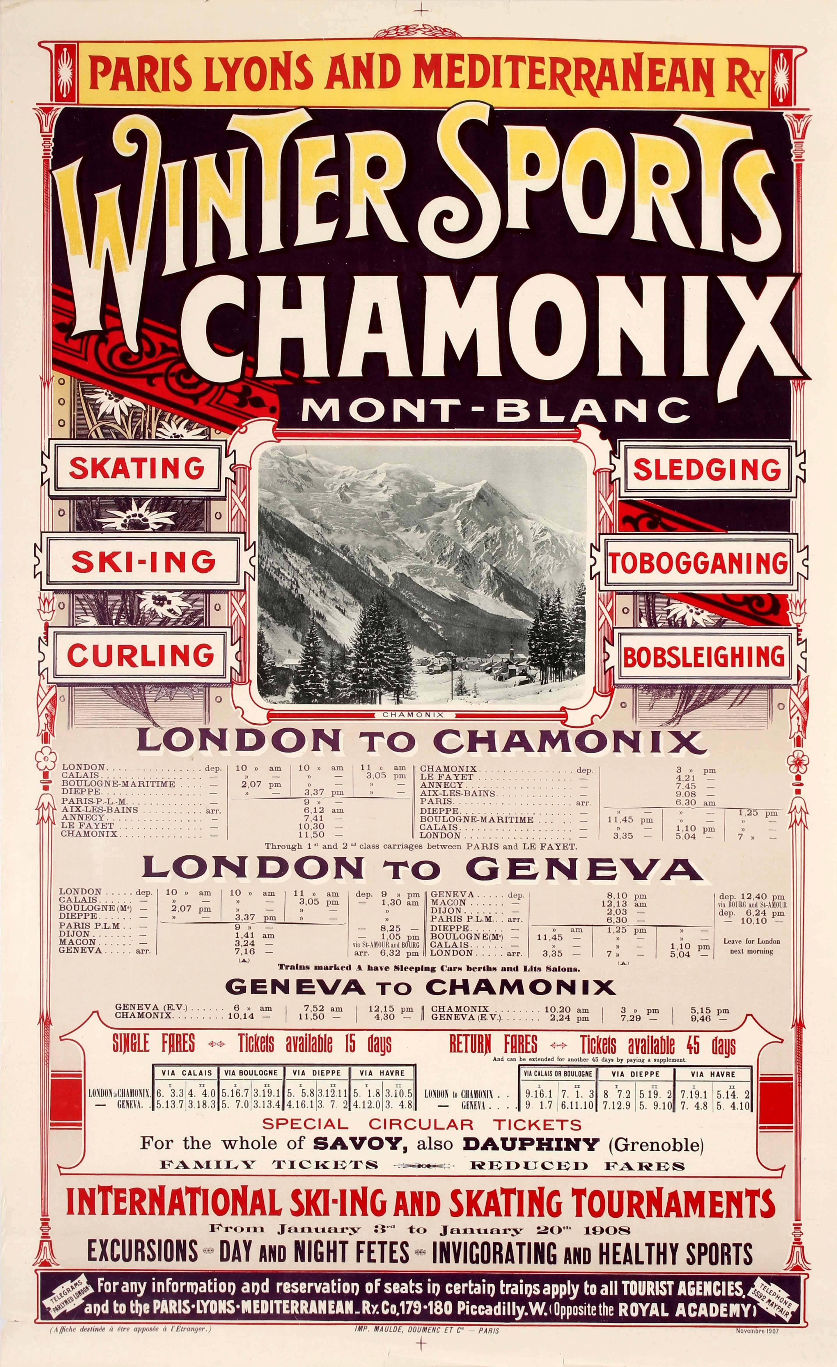 Original Antique PLM Railway Poster - Skiing & Winter Sports Chamonix Mont Blanc