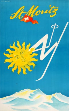 Original Vintage Mid-Century Skiing Poster By Barberis For St Moritz Switzerland