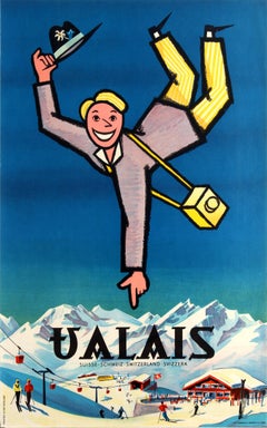 Original Retro Skiing And Winter Sports Resort Poster For Valais Switzerland