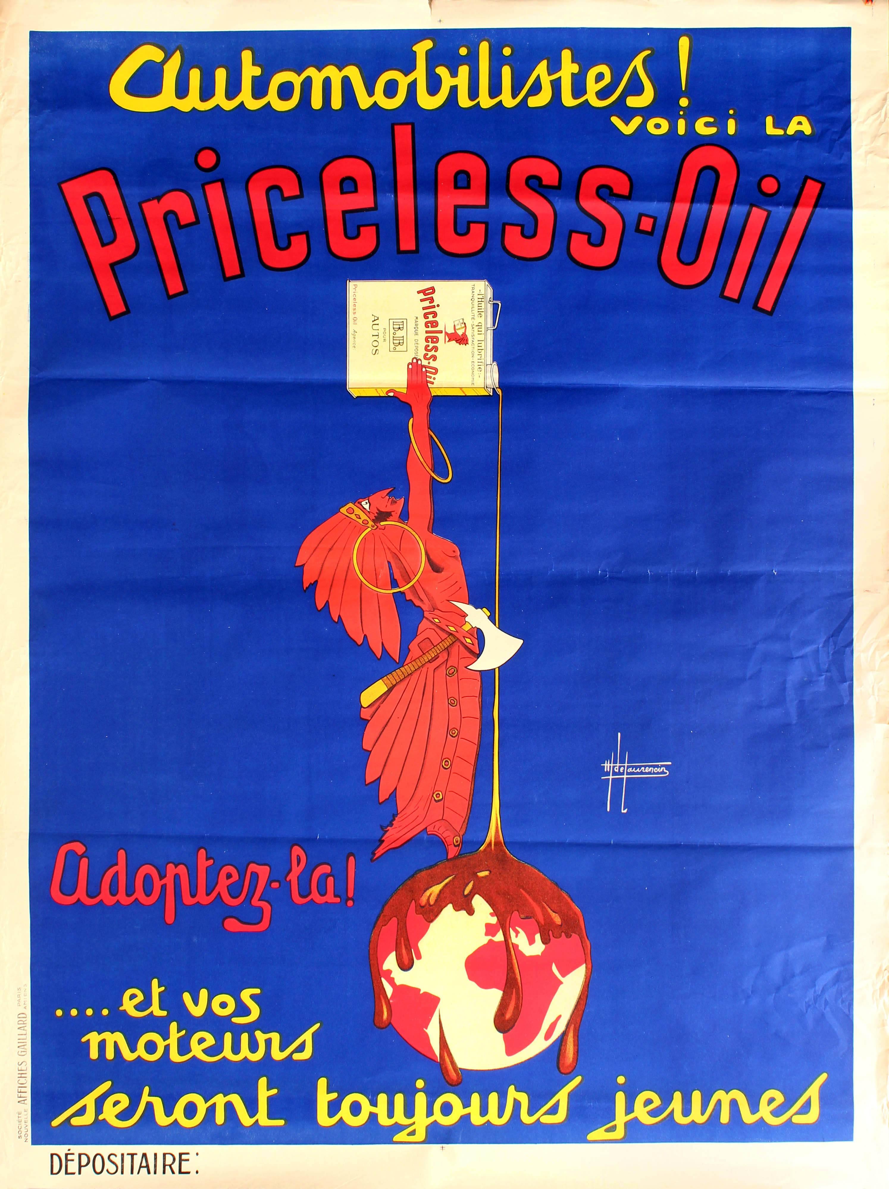 H. de Laurencin Print - Large Original Vintage Art Deco Automobile Advertising Poster For Priceless Oil