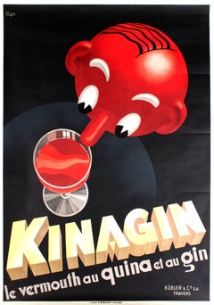 Original Art Deco Drink Advertising Poster For Kinagin Vermouth Au Quina Et Gin