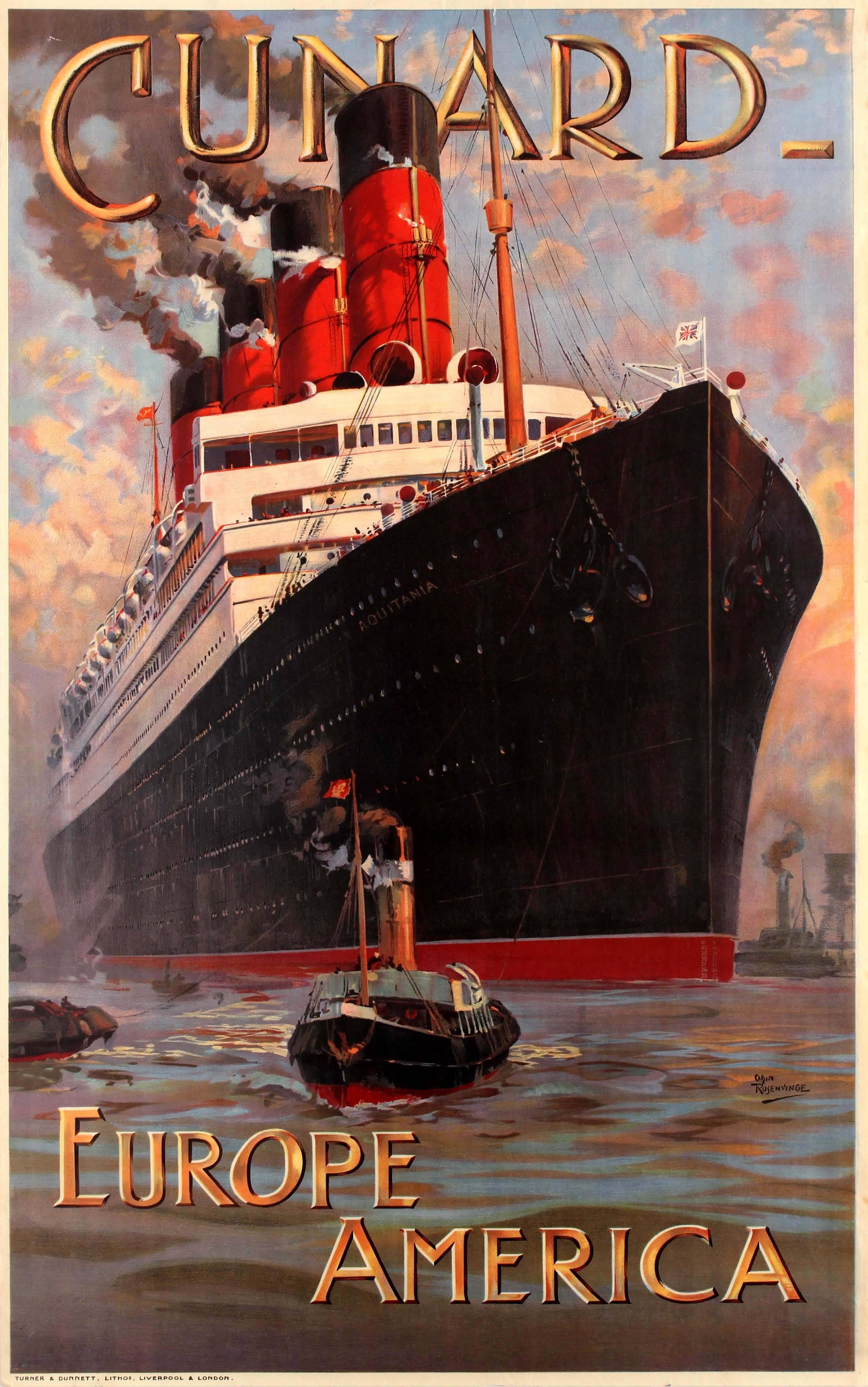 Odin Rosenvinge Print - Original Antique Cunard Europe America Cruise Poster Featuring RMS Aquitania