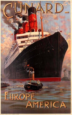 Original Antique Cunard Europe America Cruise Poster Featuring RMS Aquitania