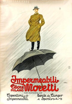 Grande affiche vintage d'origine pour Impermeabili Ettore Moretti Milano - Imperméables - Imperméables - Manteaux de pluie