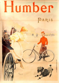 Large Original Antique Art Nouveau Cycling Poster For Humber Bicycles Paris