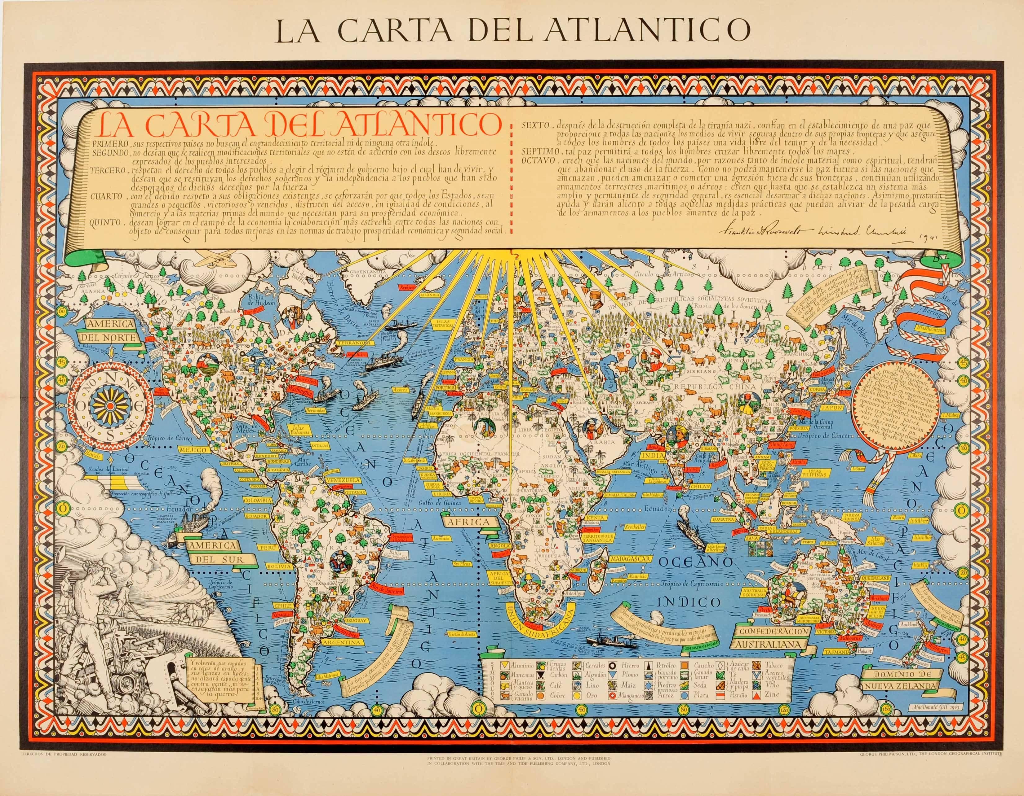 Leslie MacDonald Gill Print - Original WWII Illustrated Map Poster - Time And Tide Map Of The Atlantic Charter