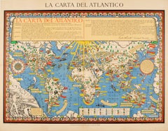 Original WWII Illustrated Map Poster - Time And Tide Map Of The Atlantic Charter
