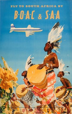 Affiche vintage originale de voyage d'une compagnie aérienne - Fly To South Africa par BOAC & SAA