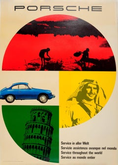 Original Vintage Car Poster Advertising Porsche Service Throughout The World