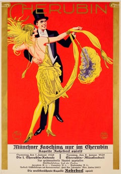 Affiche vintage originale d'une danse pour le carnaval Fasching de Munich à la Cherubin