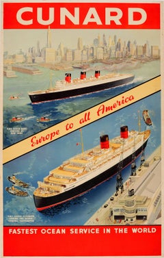 Vintage Original Cunard Poster - Europe To All America - Queen Mary And Queen Elizabeth