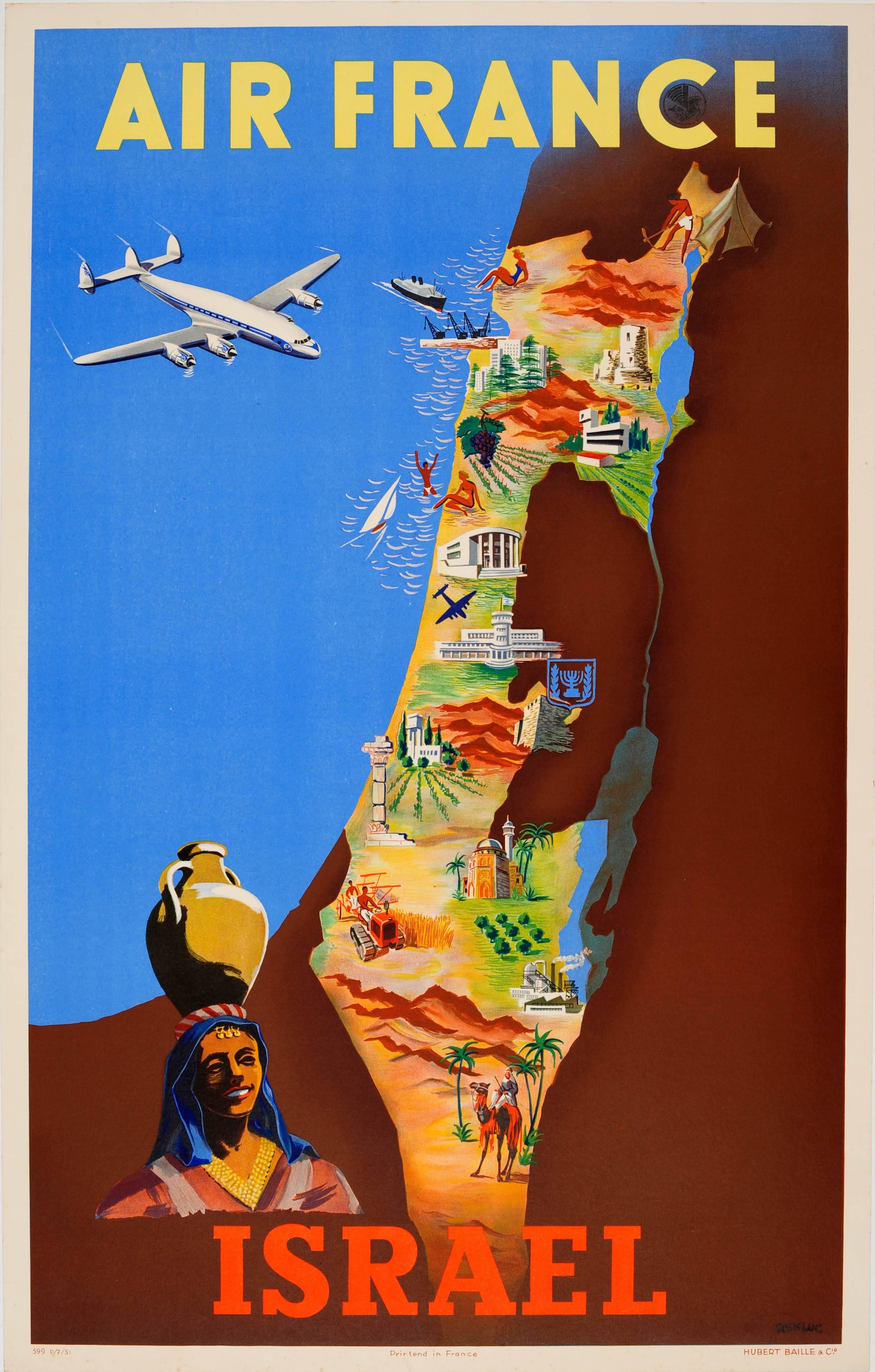 Original vintage Air France travel advertising poster for Israel featuring a plane flying over the Mediterranean Sea towards a colourful map of Israel in the Middle East with images depicting points of interest, mountains, factories, historical