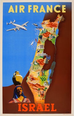 Original Retro Colourful Travel Map Poster By Renluc For Air France Israel