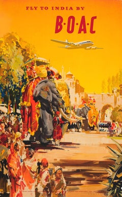 Affiche publicitaire originale de voyage d'une compagnie aérienne - Fly To India par BOAC