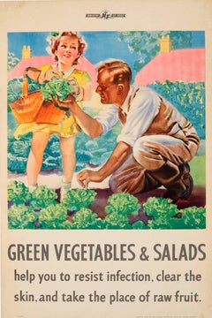 Original Vintage WWII Ministry Of Food Health Poster - Green Vegetables & Salads